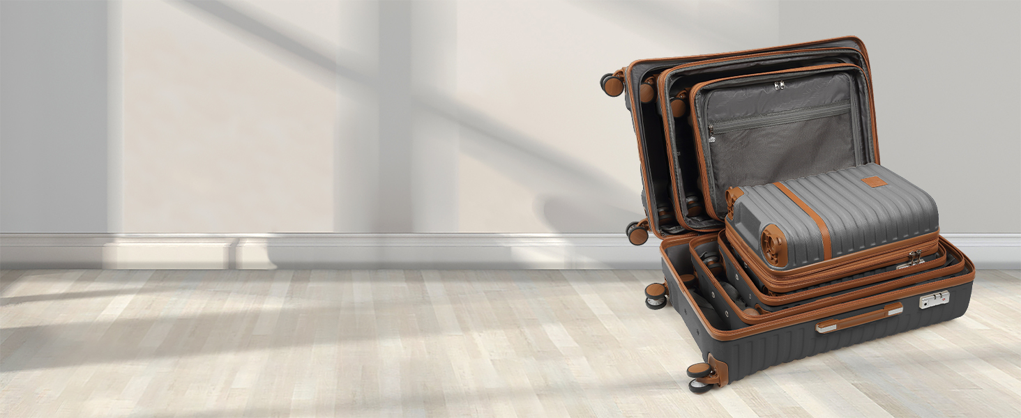 Набір валіз для подорожей Joyway 7 предметів, жорстка оболонка, з косметичкою, 4 колесами та TSA-замком, білий (Сірий/Коричневий)