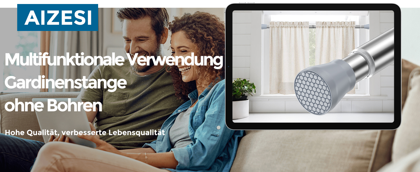 Штанга для штор без свердління AIZESI 113-197 см, телескопічна, для душу/ванної, регульована, діаметр 22 мм, срібна