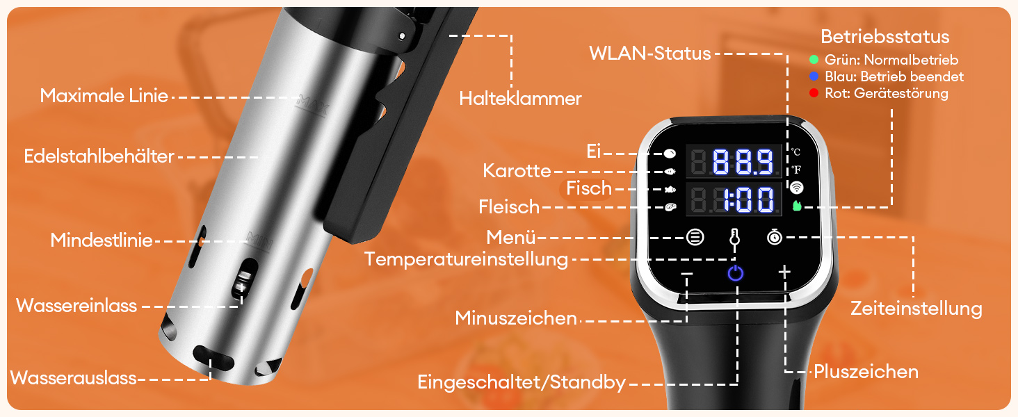 Су-від приготувальник Smart 1100W з Wi-Fi, нержавіюча сталь, ±0.1°C, 25-95°C для дому - чорний