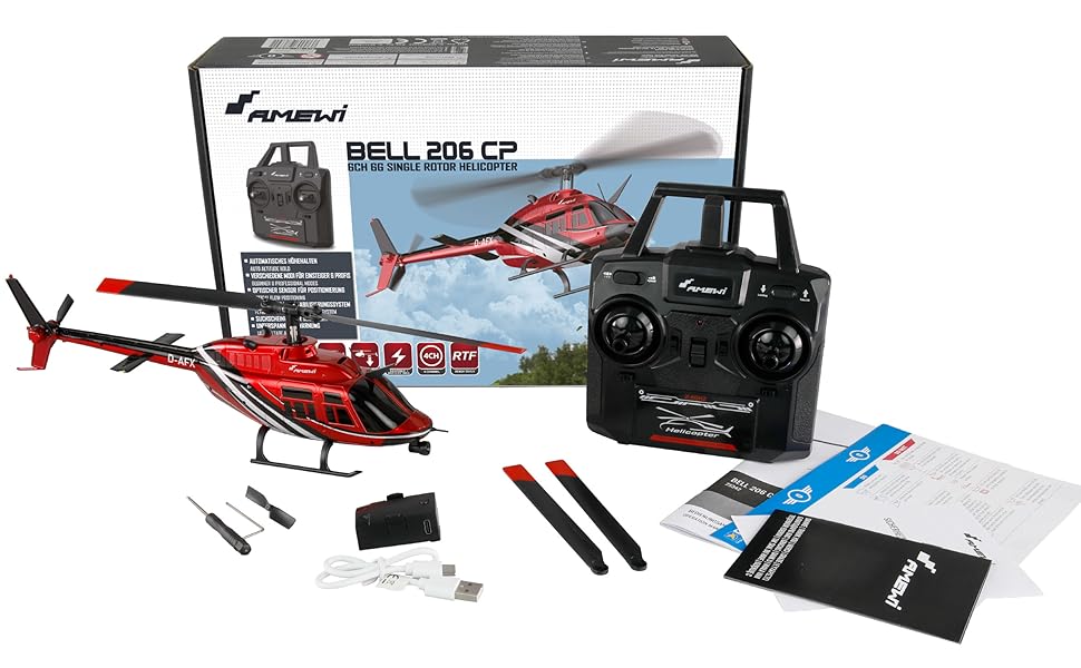 Радіокерований гелікоптер Amewi Bell 206 Jet Ranger CP 6-канальний RTF, масштаб 1:33, червоно-чорний