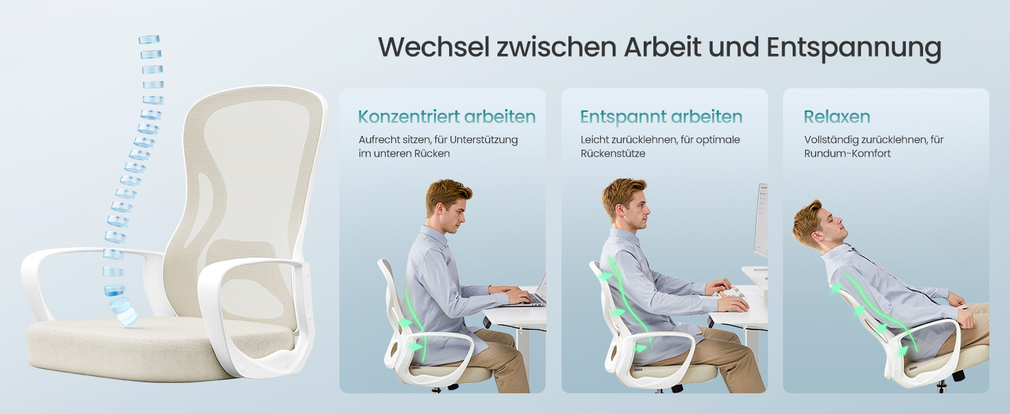 Офісний стілець SONGMICS ергономічний з підтримкою спини, обертовий, сітчастий, з підлокітниками, бежево-білий