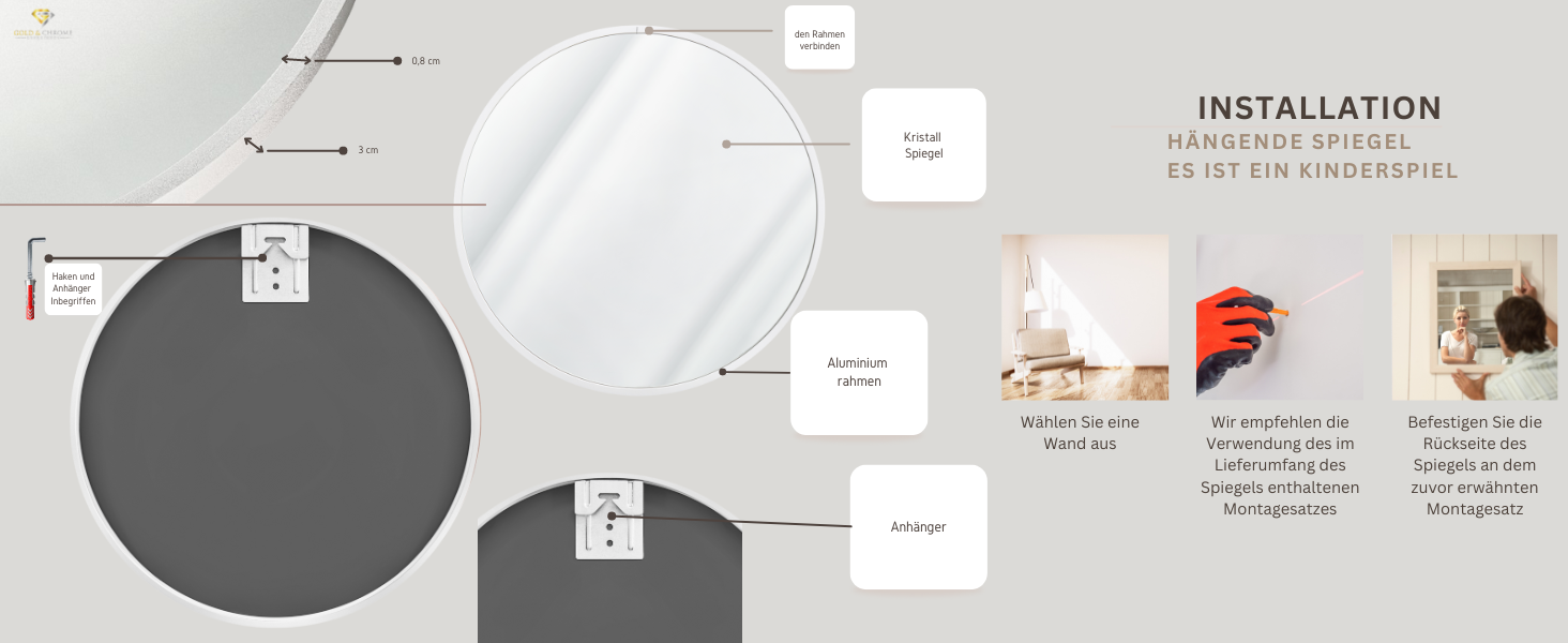 Круглий настінний дзеркало GOLD&CHROME: великий, 50x50 см, з гарантією 2 роки. Ідеально для ванної кімнати та макіяжу. Алюмінієвий, декоративний, великий дзеркало для ванної кімнати.