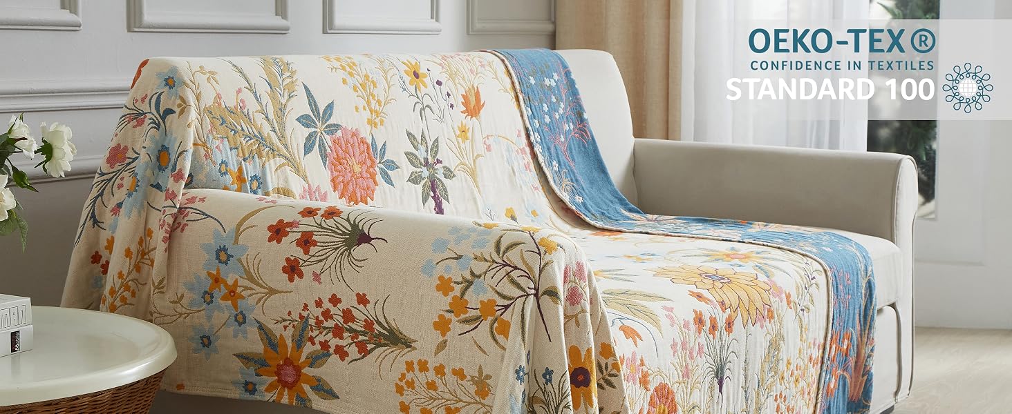 Покривало Bailix Premium Boho з 100% бавовни, двостороння муслінова ковдра з бахромою 150x200 см, декоративний плед для дивана та ліжка, синій/бежевий, принт Blumengarten
