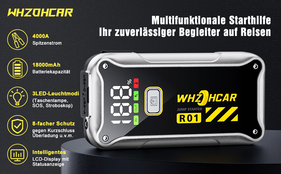 Powerbank Starthilfe 4000A: Портативний пусковий пристрій для авто 12V з LCD дисплеєм та LED ліхтариком. Підходить для бензинових (9.0L) та дизельних (7.5L) двигунів. Ідеально для SUV, мотоциклів та газонокосарок.