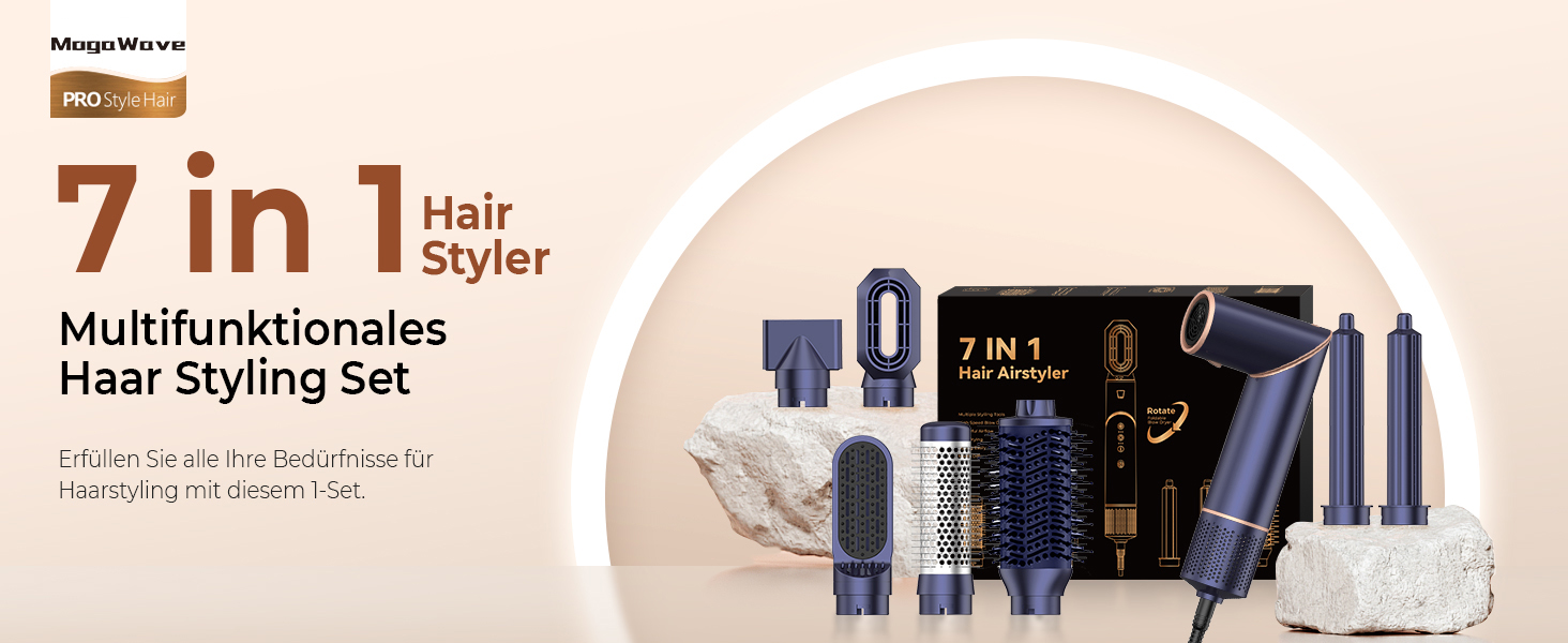 Mogawave Airstyler Airbrush Pro 1000W - 5-в-1 Фен-щітка для волосся з обертанням, іонізація, об'єм та завивка (Коричневий)
