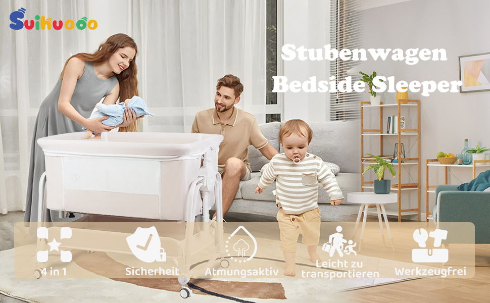 Дитяче ліжко-манеж 4 в 1 з регулюванням по висоті, з коліщатками та москітною сіткою, сірий колір