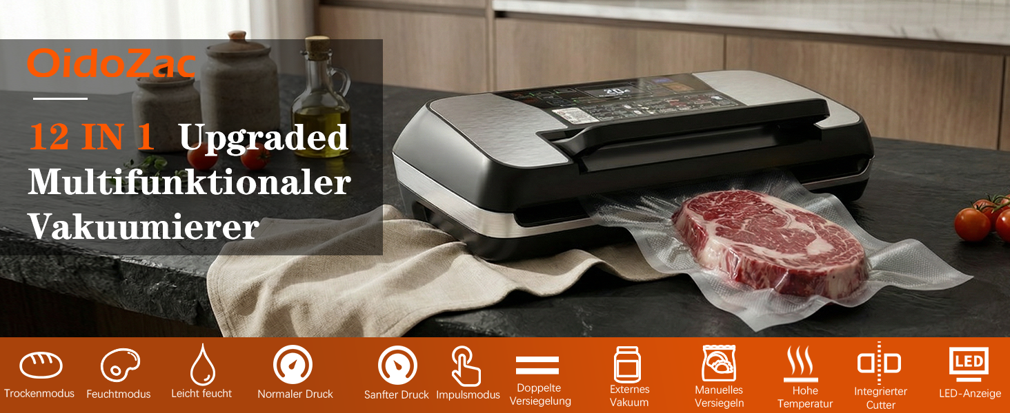 Вакууматор для продуктів 12-в-1 (95 kPa) з подвійним швом, системою Easy-Lock та вбудованим різаком, сріблястий