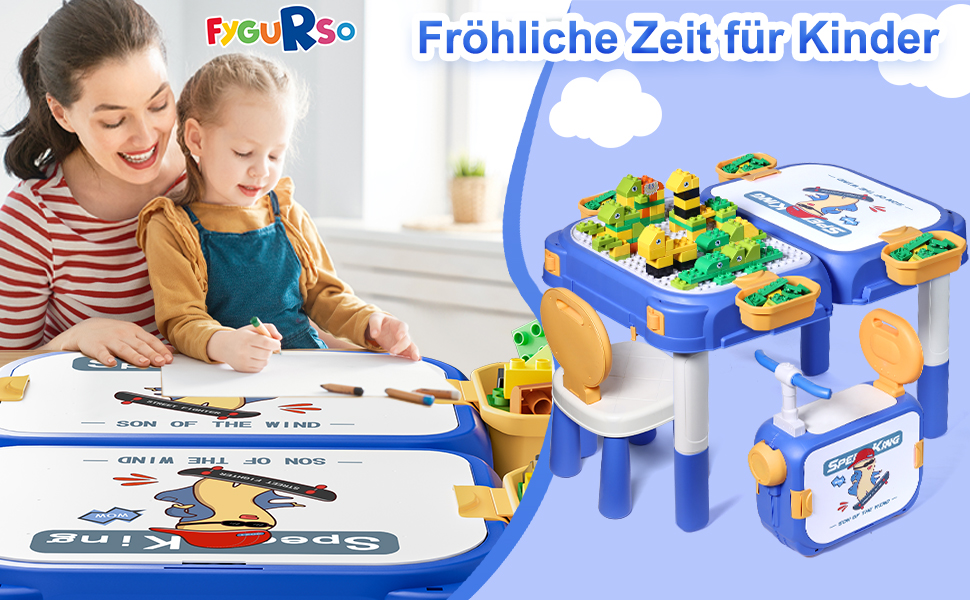 Дитячий стіл Fygurso з кріслом та 90 великих кубиків для конструювання. Трансформується в коробку на колесах. Для дітей від 3 років.