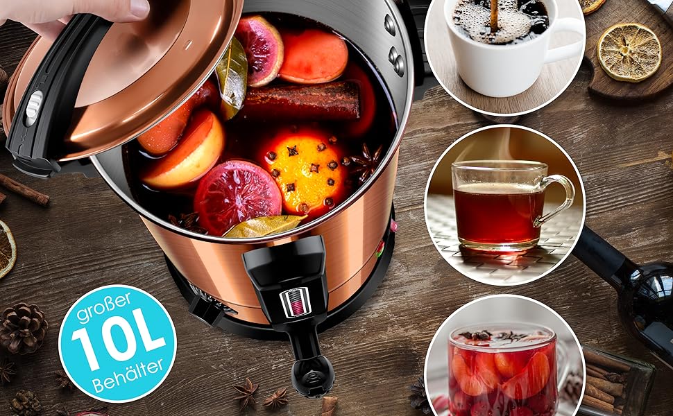 Кесер® Електричний казанок для глінтвейну 10л з нержавіючої сталі, з термостатом, 10 склянок, індикатор рівня, кран, мідний