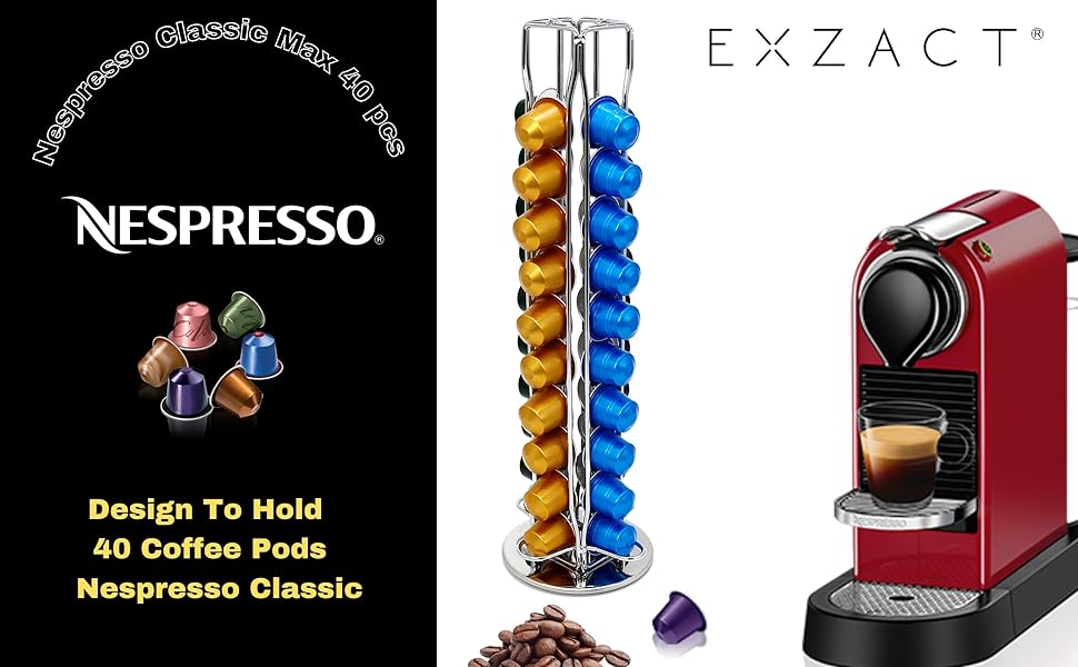 Тримач для кавових капсул EXZACT сумісний з Nespresso (40 капсул) - підставка для кавових капсул-підставка для капсул / тримач для капсул-Поворот на 360, нековзний (сріблястий)