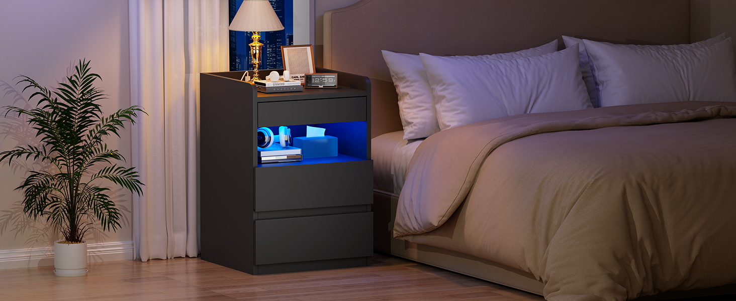 Нічний столик BEWISHOME 2 шт., з прихованою поличкою та розеткою, з функцією зарядки, для вітальні та спальні (чорний) EFCG02B