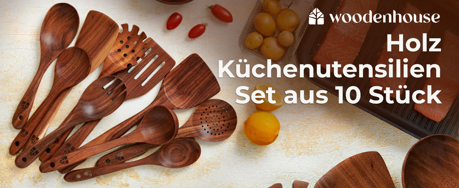 Набір дерев'яних ложок для приготування їжі (10 шт.) з теку - кухонне приладдя, лопатки, ложки для готування, антипригарне покриття, стійкість до нагріву