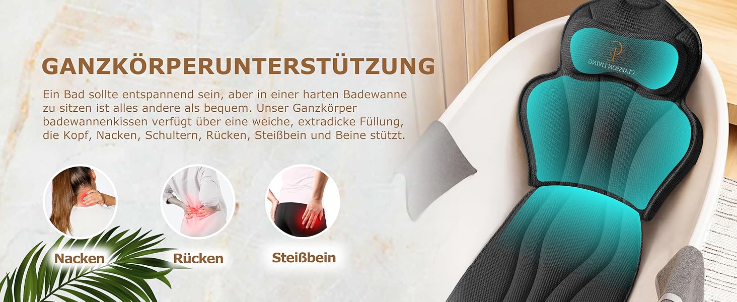 Подушка для ванни повномірна (152x56 см) з підголівником (11 см) чорного кольору – підтримка шиї, спини та ніг. Зі сумкою для прання та подорожей, гачком для сушіння.