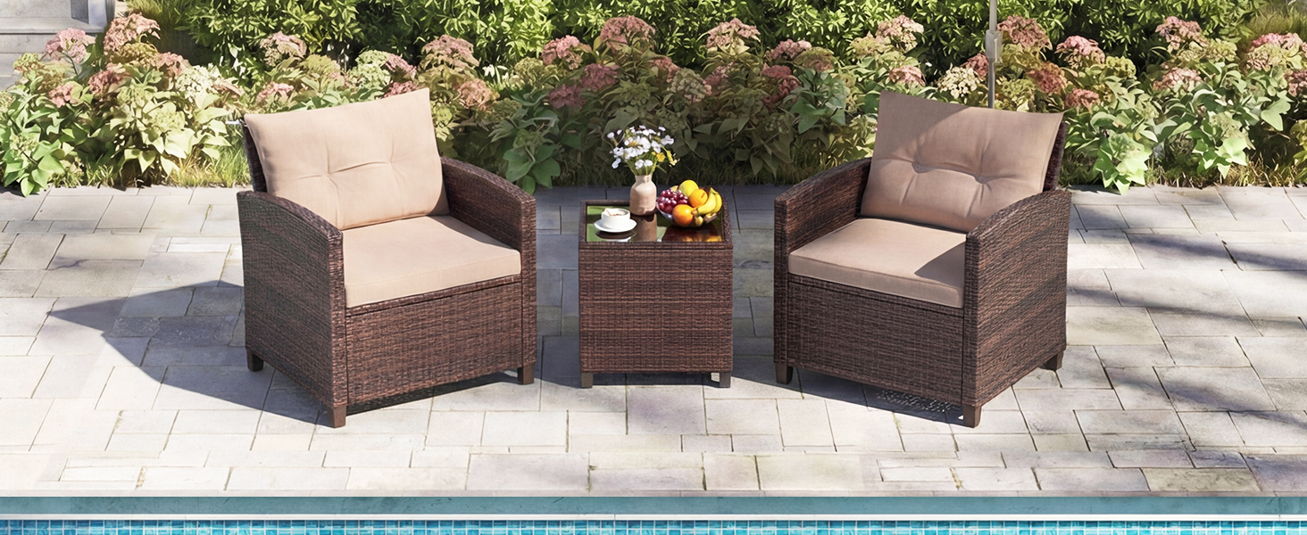 Набір садових меблів GIANTEX з ротангу для балкона та саду: 2 крісла та стіл, сірий з сірим (3 предмети) з подушками