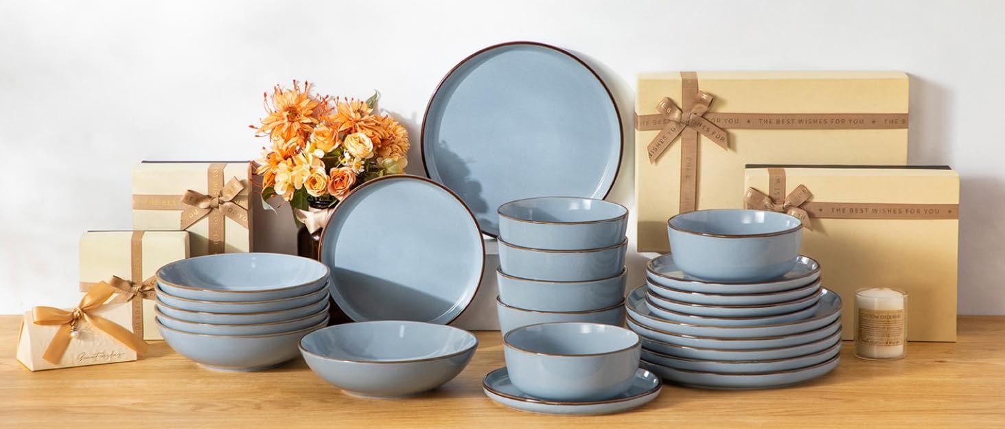 Набір посуду Steingut vancasso LOIRE 24тг. для 6 осіб: тарілки, супові тарілки, десертні тарілки, миски. Сучасний блакитний дизайн, безпечний для мікрохвильовки та посудомийної машини.