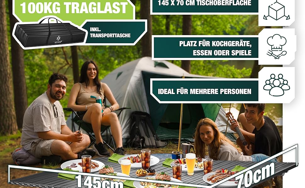 Складаний туристичний стіл KESSER® з алюмінієвим каркасом, регулюванням висоти, 90x53 см, до 100 кг, з сумкою та кишенькою