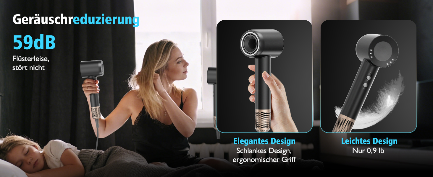 Професійний фен для волосся з високошвидкісним двигуном 160 000 об/хв, іонізацією 300 млн негативних іонів, 4 температурних режимах та 2 швидкостях, з дифузором та концентратором, чорний