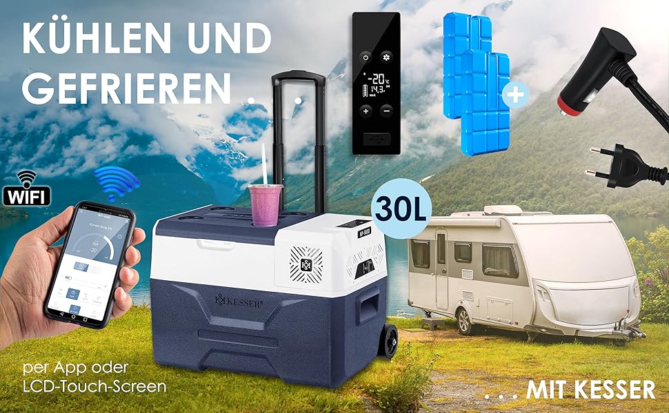 Електрична термохолодильник KESSER® Kompressor на 30 літрів, Navyblau з APP-керуванням, USB, 12/24V/230V, -20°C для авто, вантажівки, човна