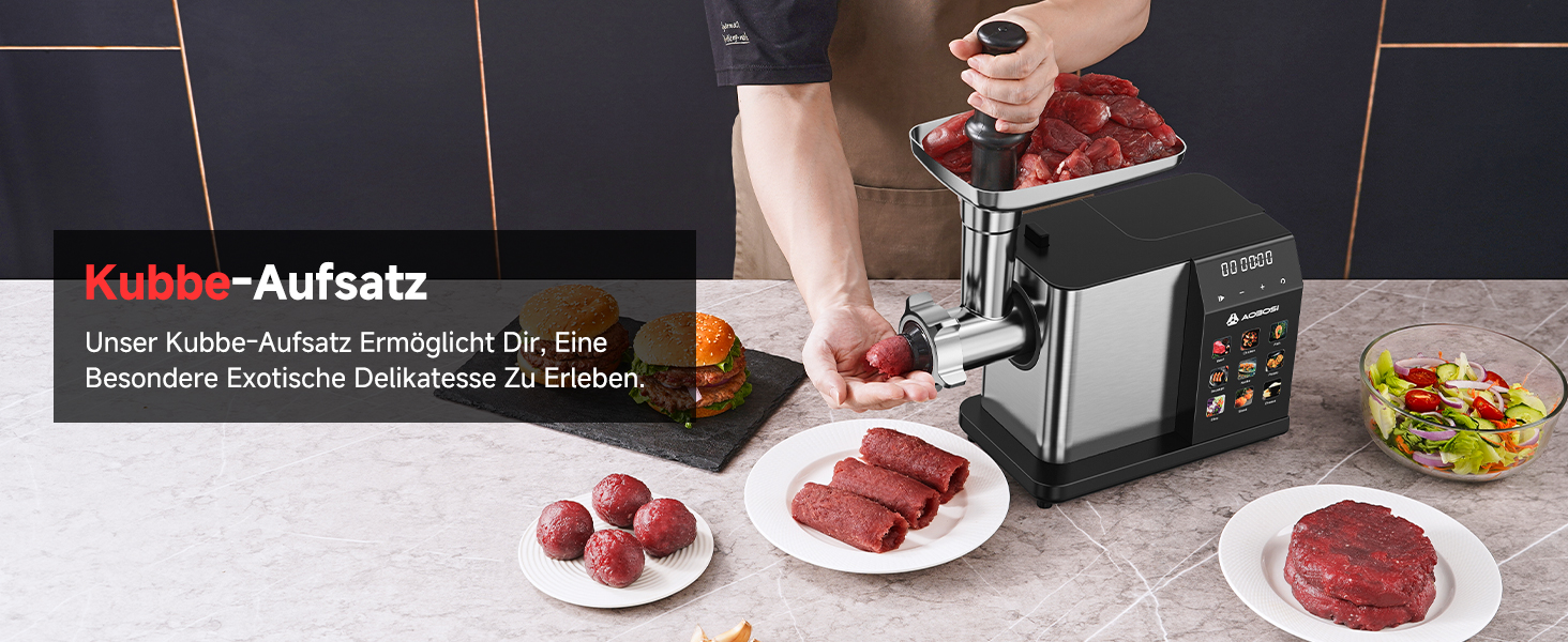 Електрична м'ясоподрібнювач AAOBOSI 3000W з LED-дисплеєм, 9 швидкостей, з нержавіючої сталі, для дому, з насадкою для ковбас та кіббе, інтегрований контейнер, сріблястий