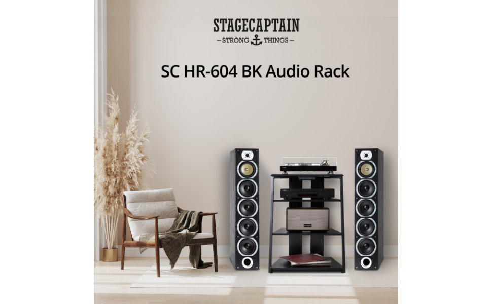 Регульована стійка Stagecaptain для Hi-Fi обладнання з 4 рівнями, чорне дерево, сталевий каркас, витримує до 50 кг