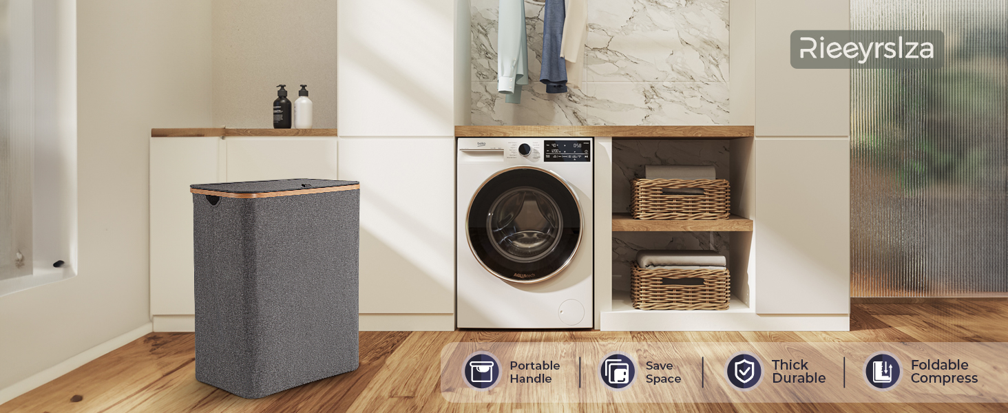 Кошик для білизни Rieeyrslza з кришкою 158л з бамбука та тканини Оксфорд, знімні мішки для білизни, складний сортер для білизни, багатофункціональний кошик для зберігання (сірий)