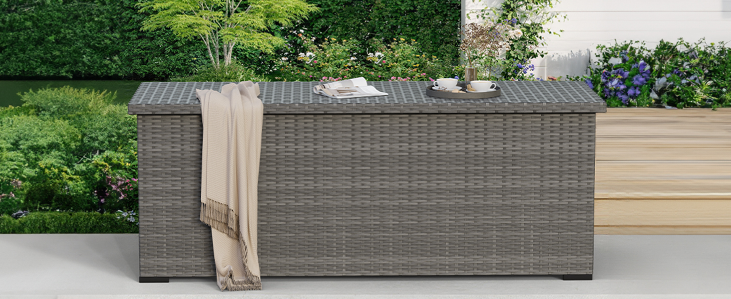 Водонепроникний садовий ящик Amopatio Gartenbox 650л з поліротангу для подушок, металевий ящик для зберігання з газліфтами для саду та балкону, сірий