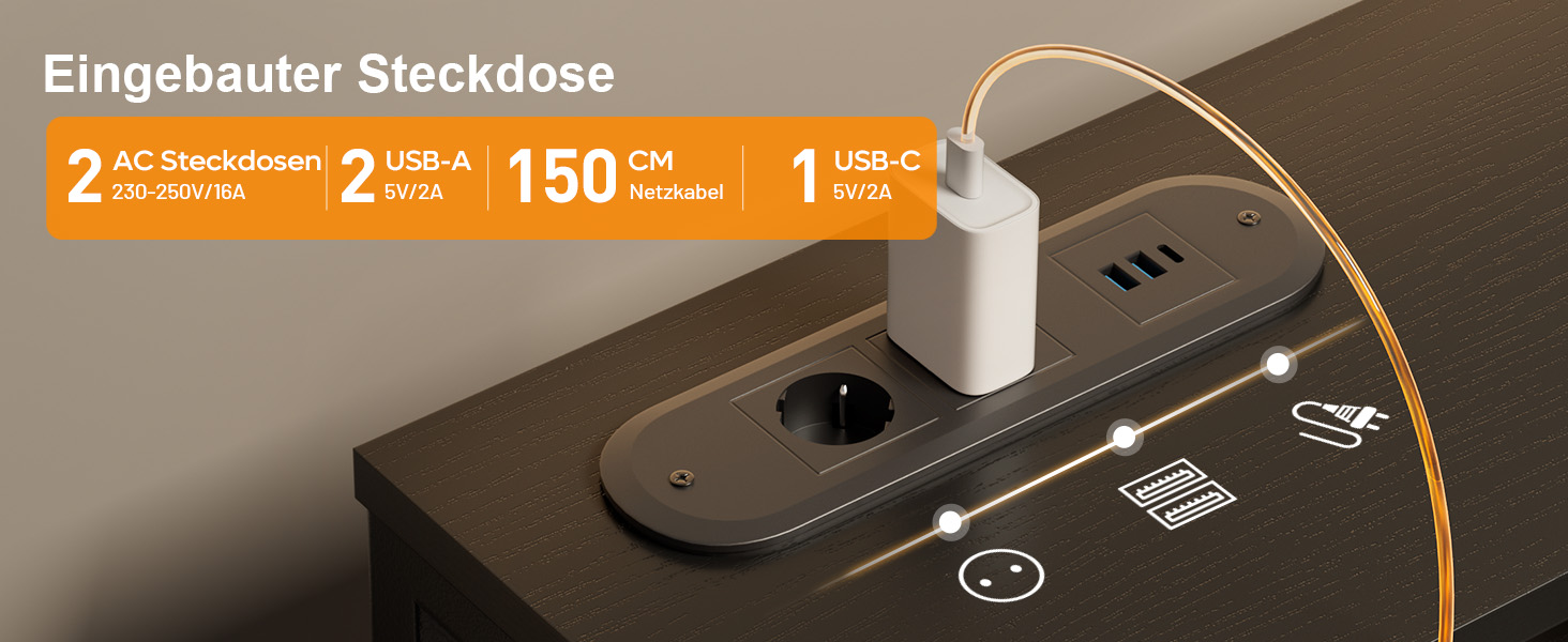 Комп'ютерний стіл HLONONE зі світлодіодним підсвічуванням LED, 8 шухлядами та вбудованою розеткою (USB-C, 2 USB-A), стіл для офісу та дому з підставкою для монітора, 120x50x74 см, чорний