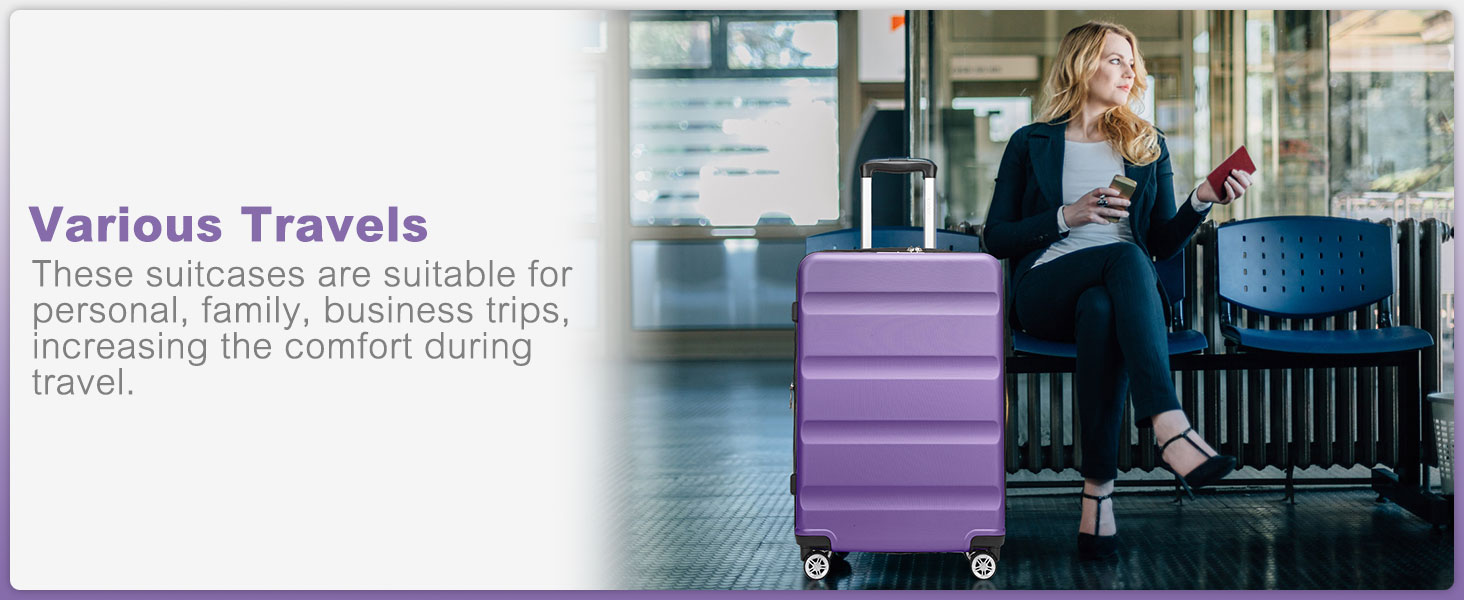 KONO Чемодан-валіза ручної поклажі, 55x35x22 см, 3 шт. (фіолетовий) з TSA-замком та подвійними коліщатками для подорожей та бізнесу