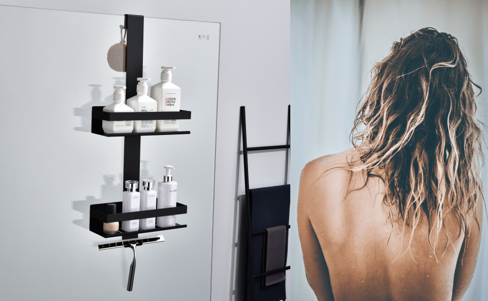 Настінна полиця для душу з 2 ящиками, SUS304 нержавіюча сталь, матовий чорний, з гачками, для скляних душових кабін