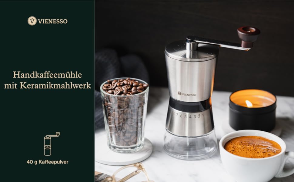 Ручна кавомолка з 8 ступенів помелу – кавомолка з нержавіючої сталі з керамічним жорном для еспресо, фільтра та френч-прес – велика ручна кавомолка для дому та офісу, срібна, кераміка