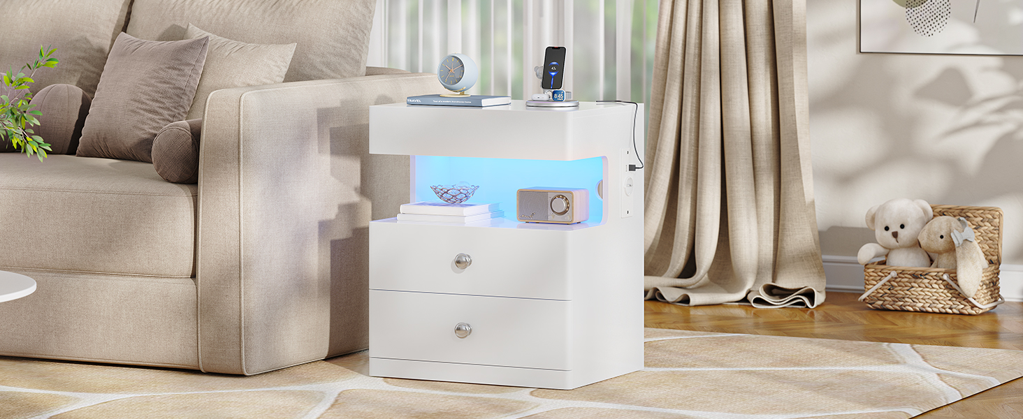 Нічний столик AOGLLATI з секретною поличкою, розеткою та LED-підсвіткою. 2 шухляди, висувний ящик, полиця. Білий, 40x35x59 см