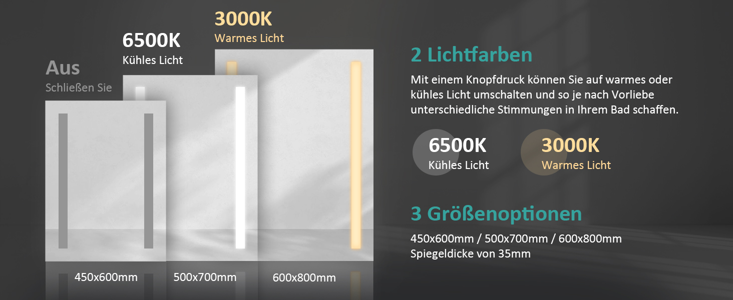 Дзеркало для ванної кімнати EMKE з підсвічуванням 60x80 см, 2 кольори світла, антизапарник, вимикач-кришка, IP44, енергозберігаюче LED, 60L x 80B см