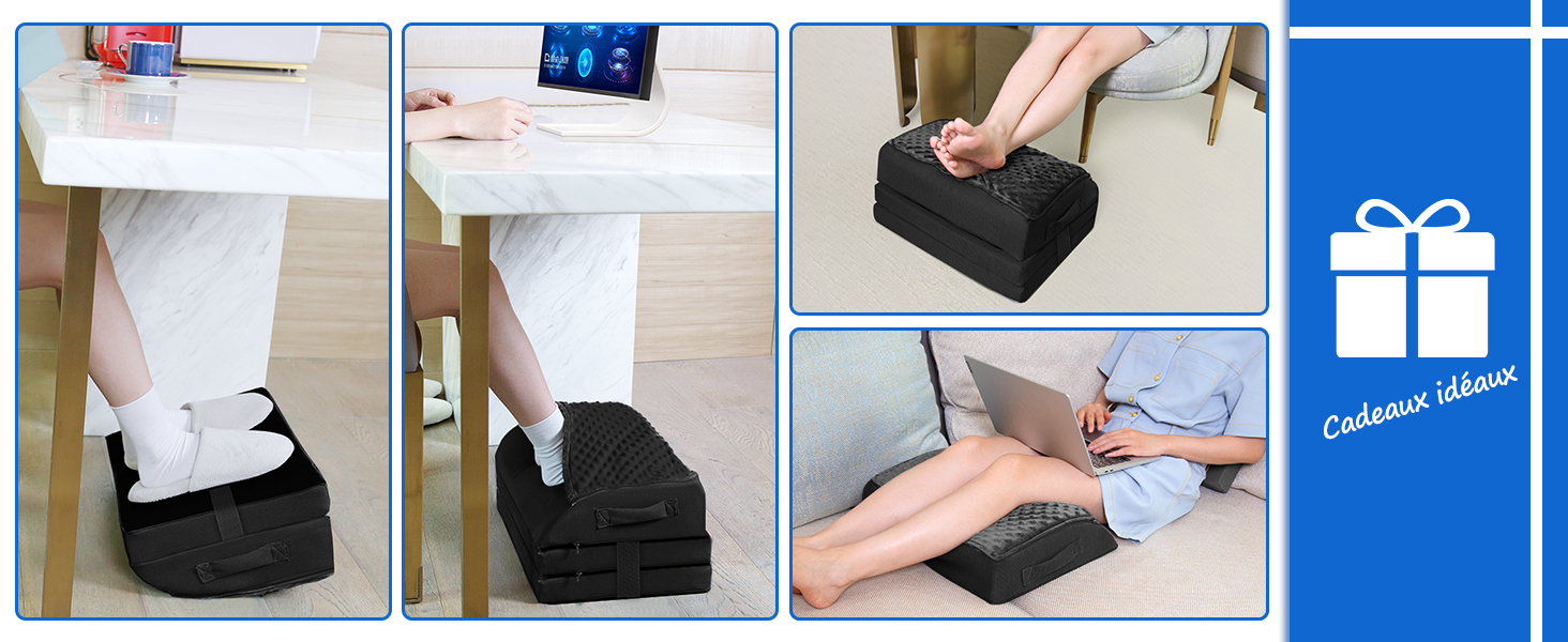 Підставка для ніг під стіл KingPavonini з гелевою піною пам'яті, 3 положення, зігріваюча сумка для ніг, підтримка спини, стегон та ніг, ергономічна підставка для офісного та геймінгового крісла (Чорний)