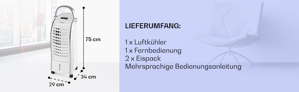 Охолоджувач повітря Klarstein з водяним охолодженням, випарний охолоджувач 4-в-1, зволожувач повітря, вентилятор і нічний режим, мобільний кондиціонер Охолоджувач повітря з баком 6 л, охолоджувач повітря 65 Вт, потік повітря 444 м/год білий