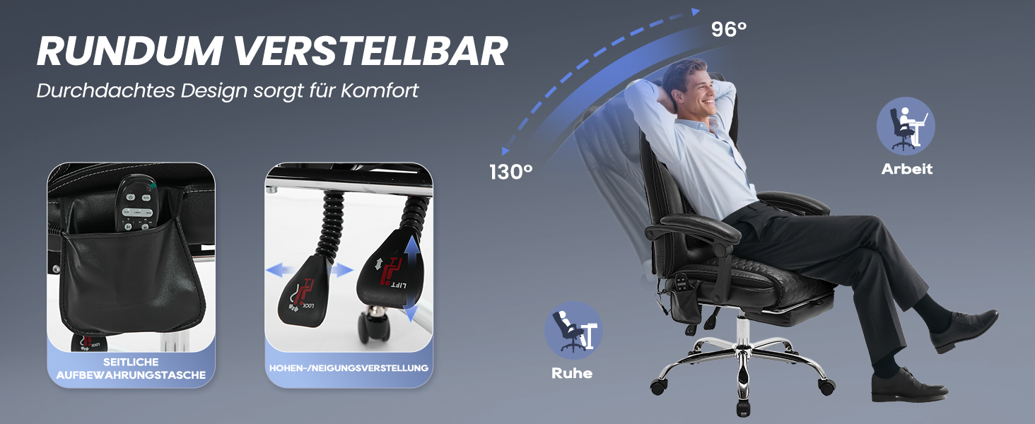 Крісло офісне шкіряне з масажем та підігрівом, регульоване, з підніжкою - для офісу та дому, чорне