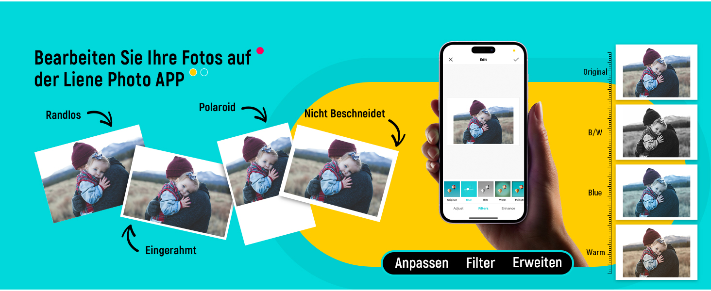 Портативний фотодрук для смартфонів Liene (10x15 см) + 2 пачки фотопаперу (20+80 листів), WiFi, сумісний з iPhone/Android/PC, 300 DPI, кольорова сублімація, білий
