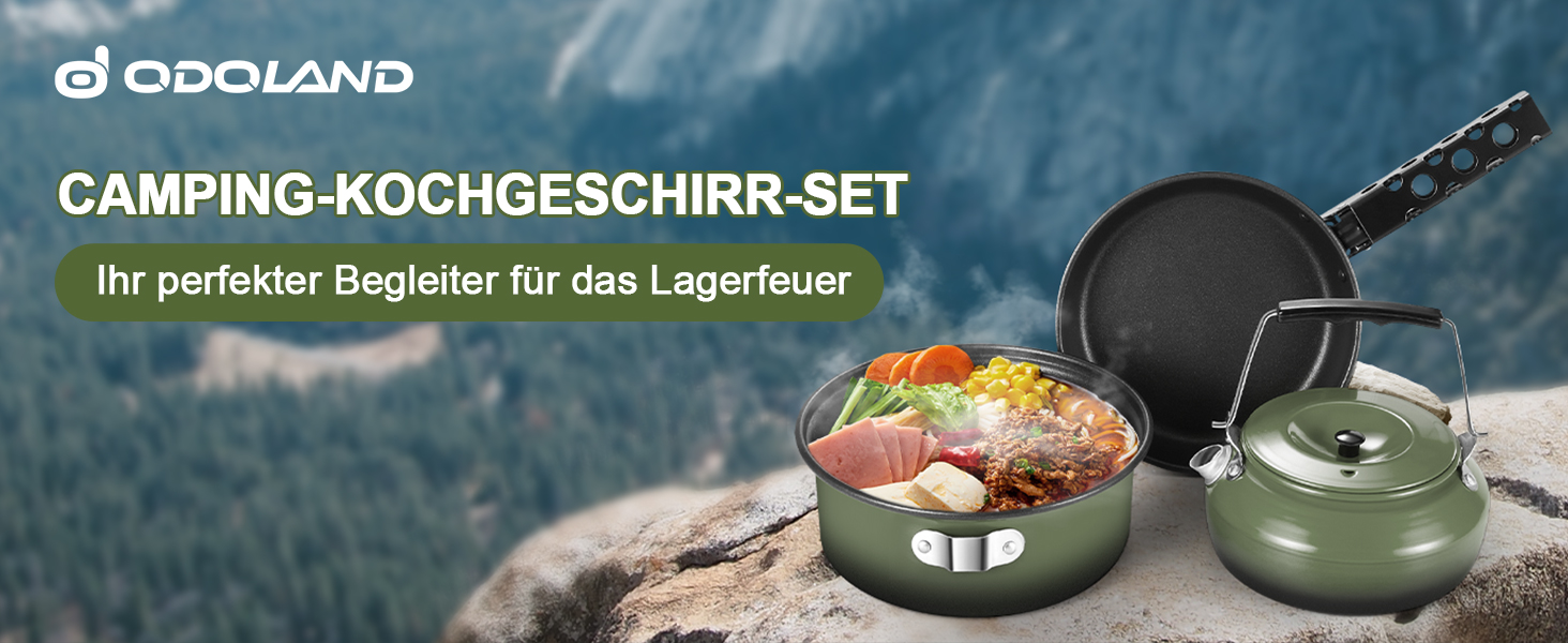 Набір посуду для кемпінгу Odoland 5шт: каструля, сковорода, чайник з знімним ручками. Ідеально для пікніків, походів та кемпінгу. Зелений антипригарний набір посуду.