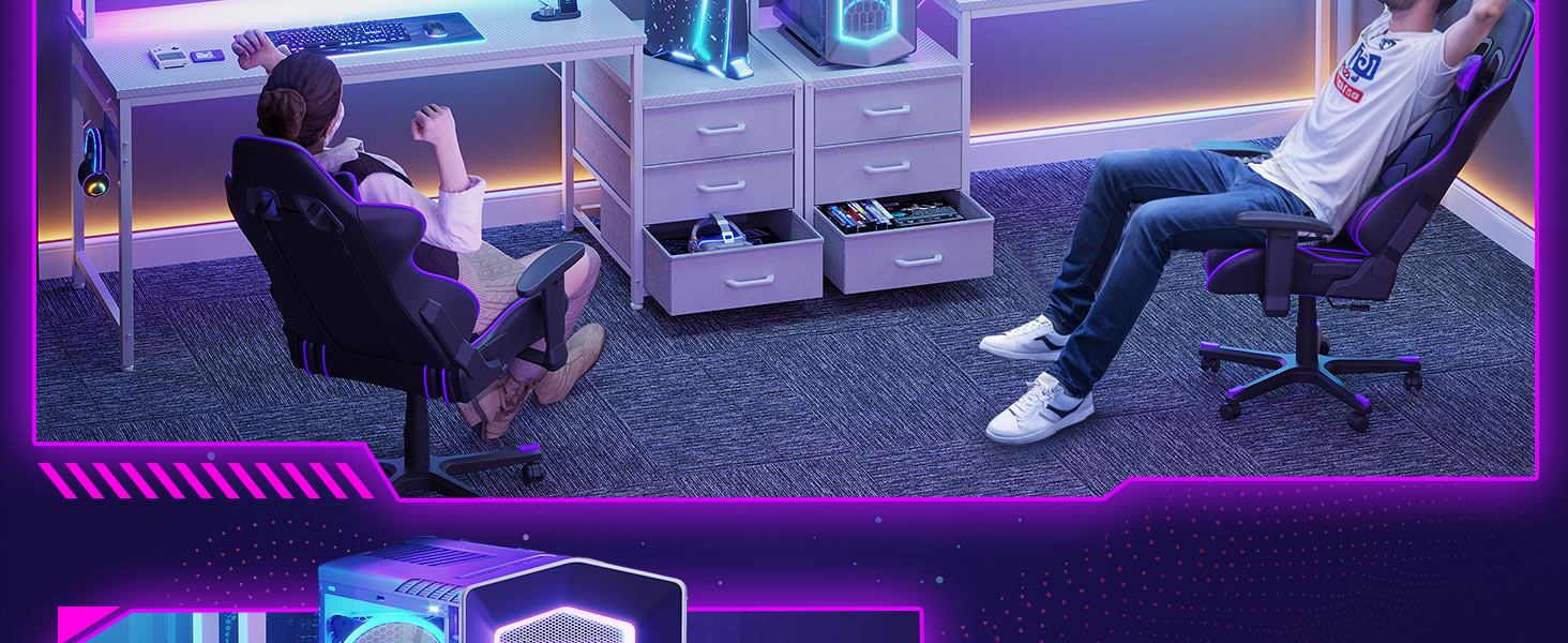 Ігровий стіл Coleshome з полицею та шухлядами, 137x48 см. Стіл для геймінгу з LED-підсвічуванням, розеткою, місцями для зберігання та підставкою для монітора. Колір: карбонове волокно.