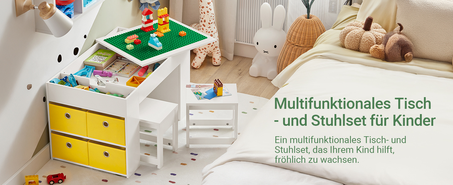 Дитячий стіл SoBuy з 2 стільцями: комплект меблів для дитячої кімнати з місцем для зберігання, ігровий та активний стіл, білий, 87x50x50 см, KMB75-W з похилими ніжками