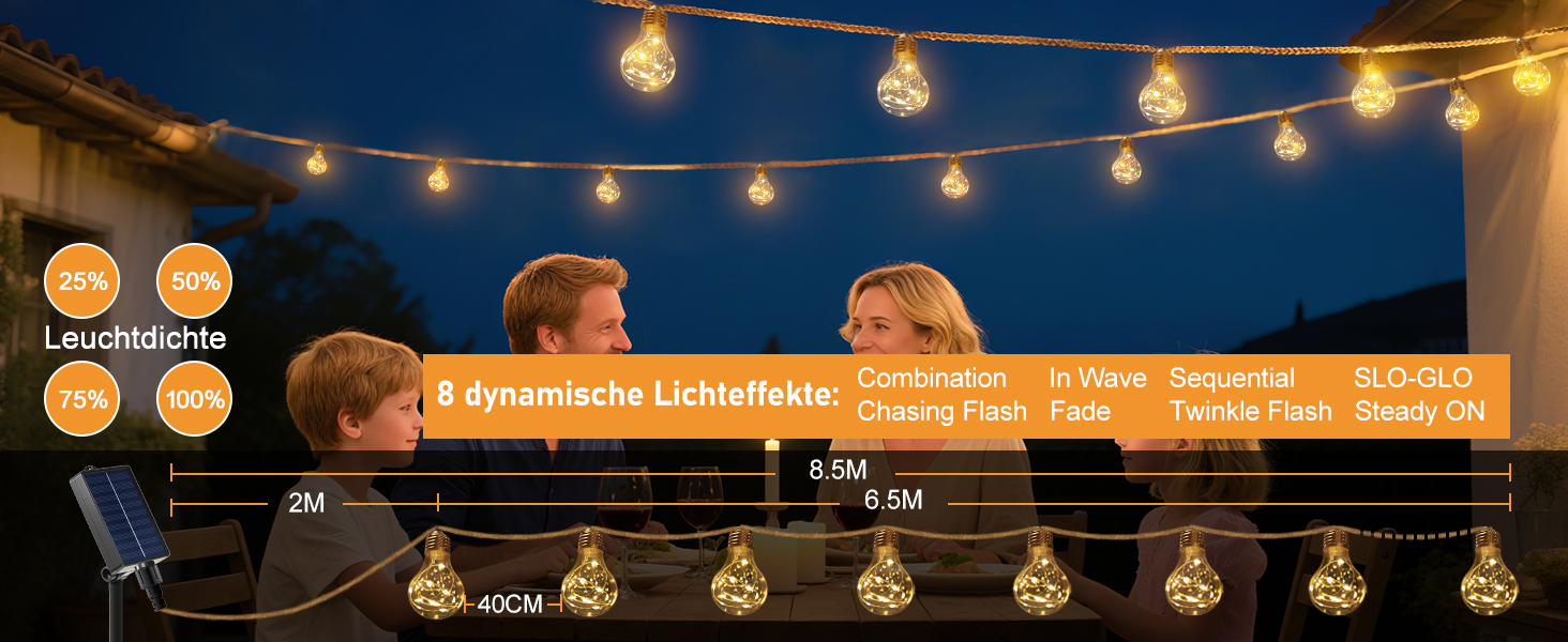 LED гірлянда сонячна для вулиці 10м, 16+1 G40, регульована яскравість, 3 режими, пульт дистанційного керування, вологостійка, тепле біле світло, для саду, балкону, декору вечірок