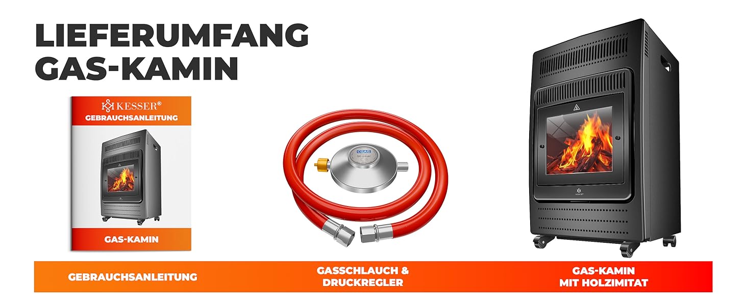 Газовий нагрівач KESSER®: газовий камін-нагрівач, 3.4 кВт, інфрачервоний, 2 режими, з регулятором та шлангом, чорний