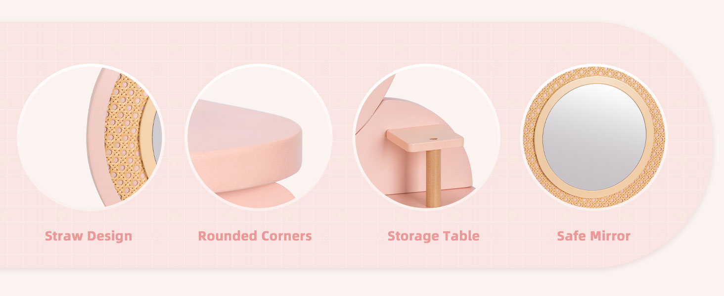 Дитячий туалетний столик OOOK для дівчаток з дзеркалом та табуретом, рожевий, з дерева