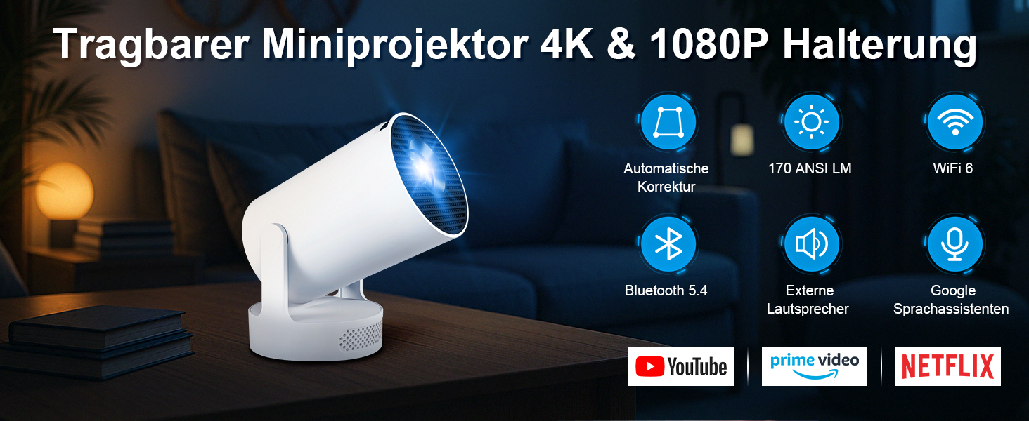 Портативний міні проєктор 4K HY300ultra з Wi-Fi 6, Android 11 та підтримкою HDMI для телефону/ПК/ноутбука/Stick. Full HD 1080P, вбудований динамік