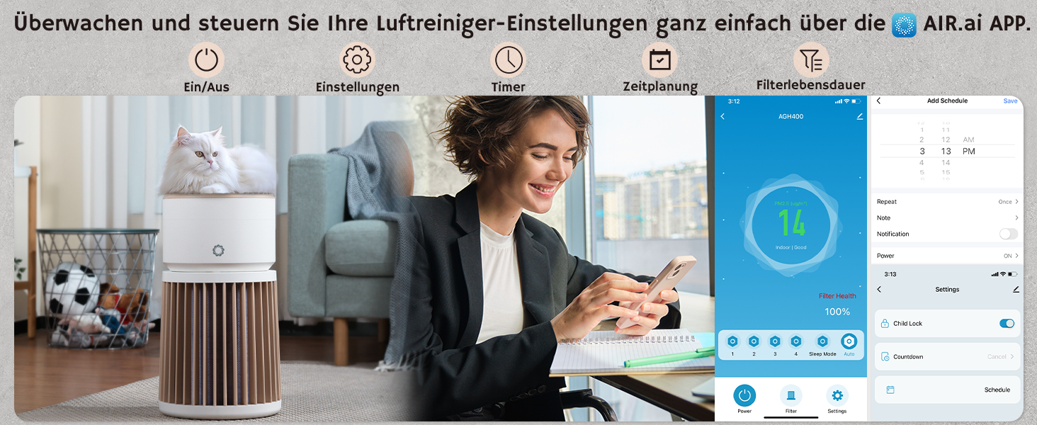 Повітряний очисник Airthereal AGH400 для дому з тваринами: фільтр H13, видаляє шерсть, луску, запах сечі, пил, дим. PM2.5-сенсор, 360° вхід повітря