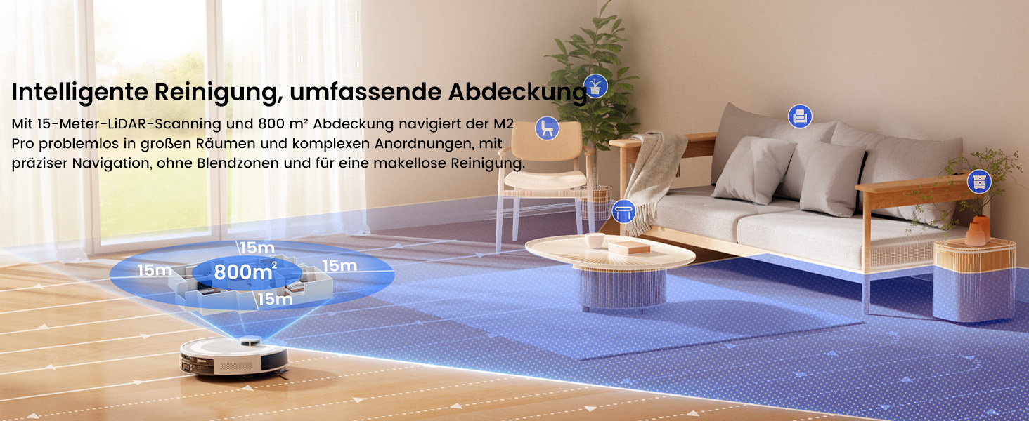 Робот-пилосос LEFANT M2 Plus з картографією, лазерною навігацією, 6000Pa, персоналізованим прибиранням, WiFi/App/Alexa, чорний