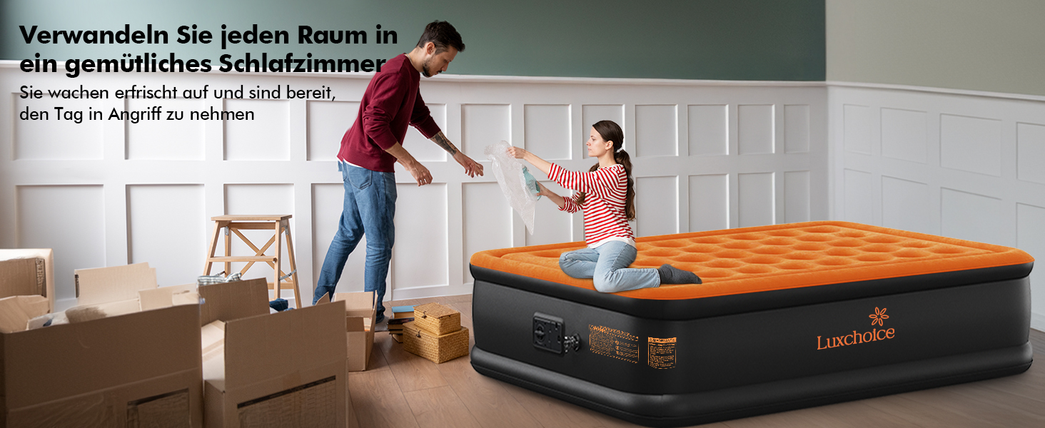 Надувне ліжко Luxchoice з електричним насосом для 2 осіб (205x155x38 см) - Dark Orange