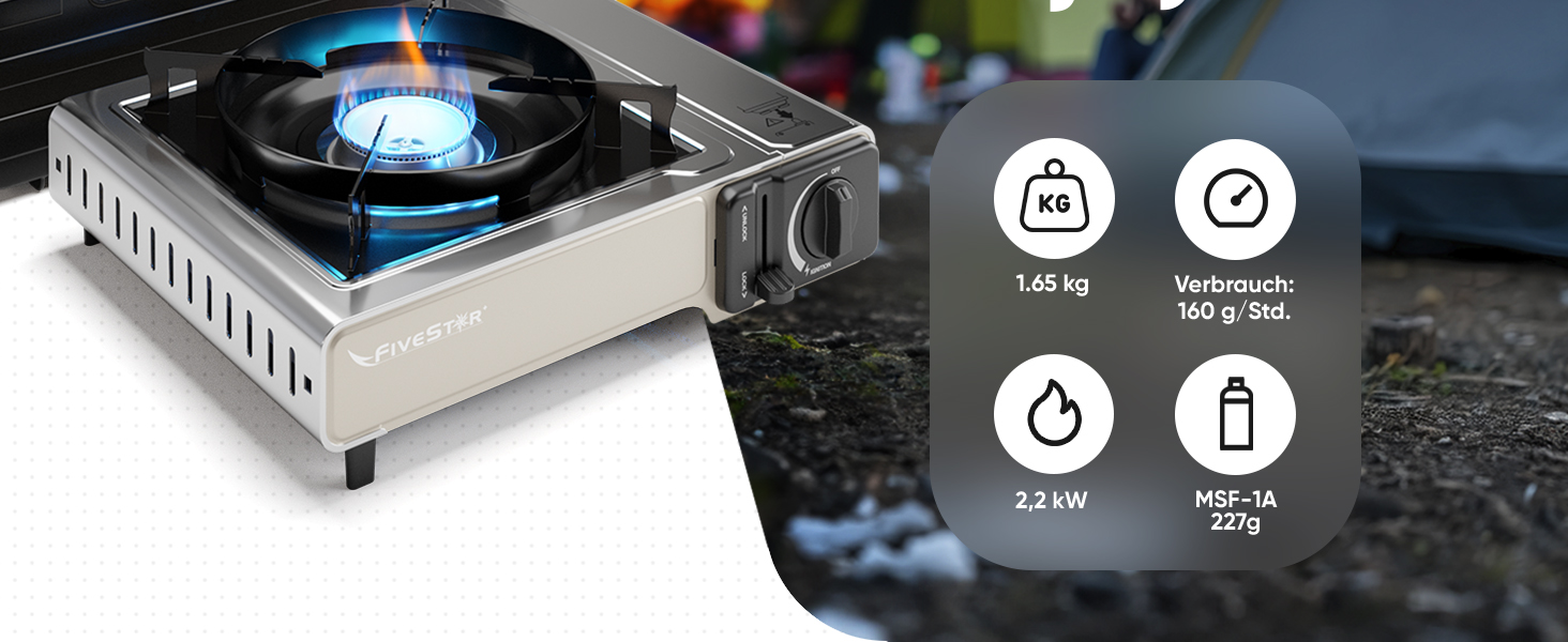 Газовий наметний газовий нагрівач Gaskocher з 1 пальником, Piezo-запалюванням та грилем BBQ 38 см, 2.2 кВт