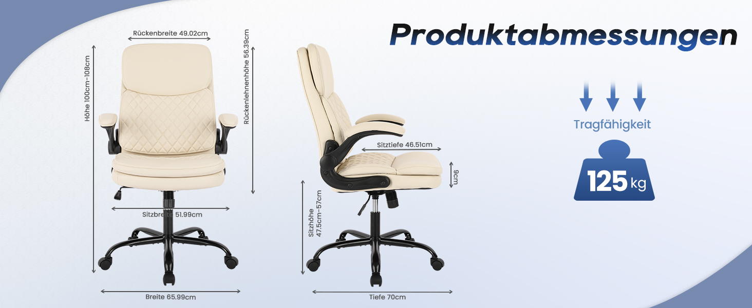 Офісний крісло Colamy: ергономічний, з високою спинкою, регульовані підлокітники, шкіряне покриття (слонова кістка)