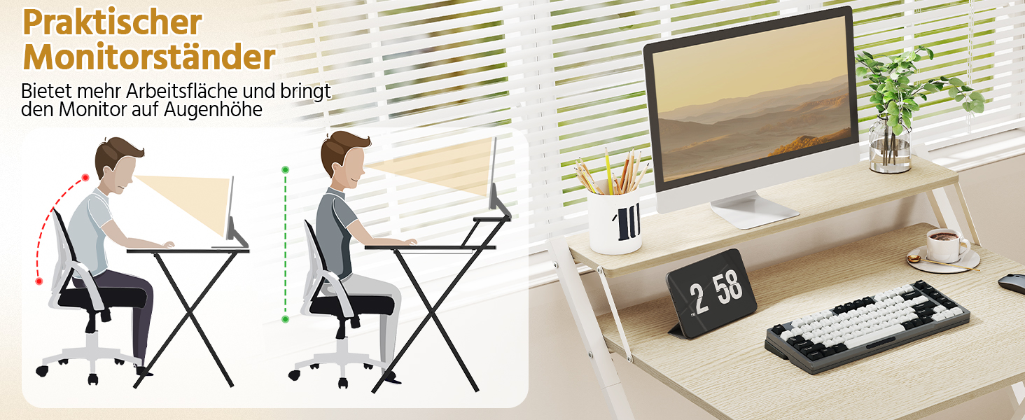 Зкладний стіл Yaheetech 80 см для комп'ютера з полицею, двоярусний робочий стіл з підставкою для монітора, стіл для ноутбука для дому/маленьких кімнат/вітальні, білий/80 см x 50 см, білий (світле дерево)