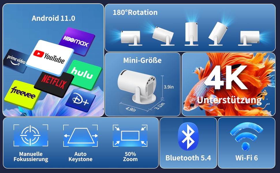Смарт проєктор Yoton Y4 Mini Beamer: 1080P, WiFi, Bluetooth, Android TV, корекція трапецеїдальних спотворень, для домашнього кінотеатру, сумісний з Phone/PC/Mac/Switch, білий